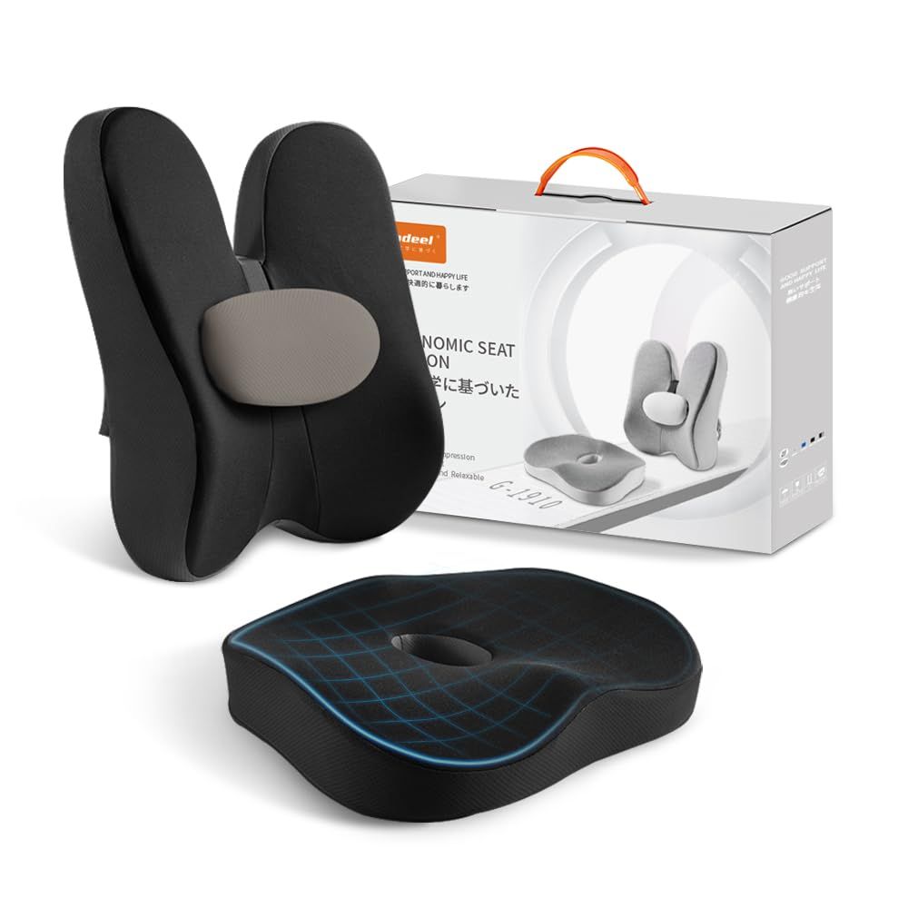 Gadeel 低反発 座布団＆腰クッション 2点セット 人間工学 ランバーサポート オフィスチェアクッションのコンボ 腰痛防止 中空設計 背もたれ お尻クッション 骨盤サポート 姿勢矯正 取付バンド調節 カバー洗える オフィス|車|自宅|プレゼント用 …