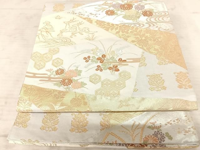 平和屋着物◎六通柄袋帯 唐織 流水花文 鹿 金銀糸 正絹 逸品