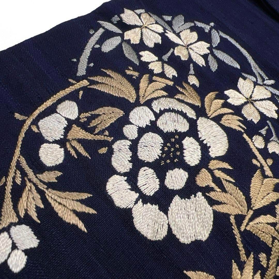 アンティーク 名古屋帯 藍染 金駒刺繍 刺繍 花紋 楓 牡丹 着物
