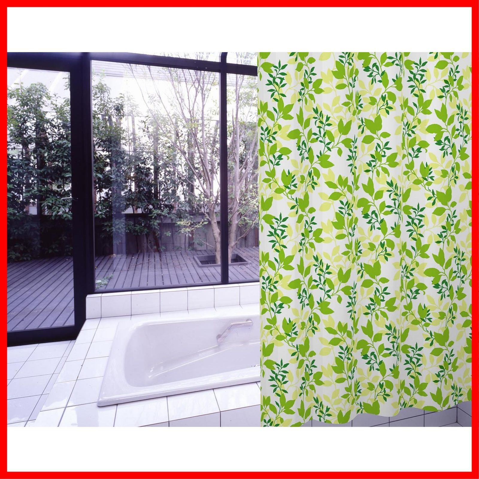 新着商品 リーフ柄 スタイリッシュバスカーテン 130cm幅×178cm丈 ライトグリーン MEIWA S-308