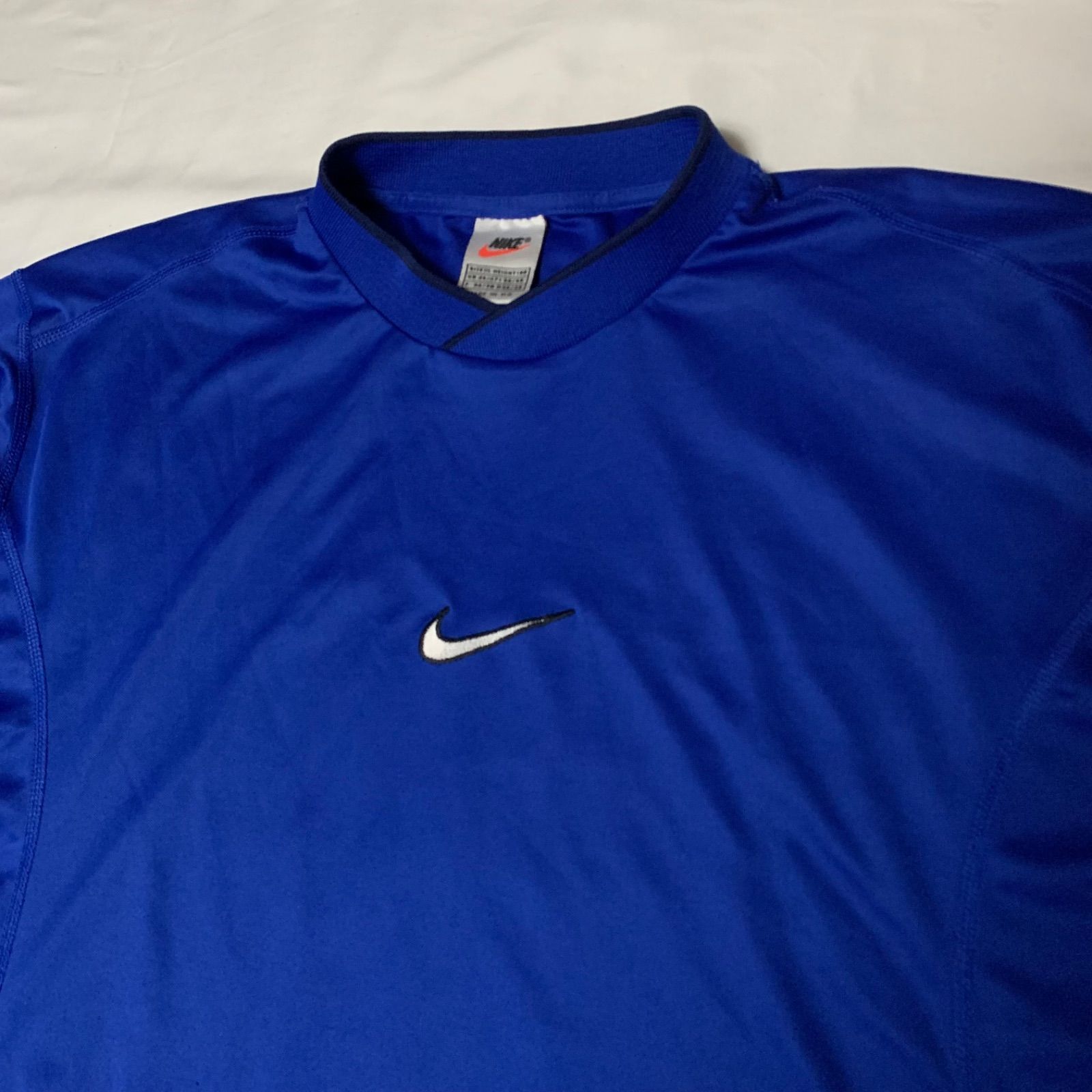 90s NIKE “Center Swoosh” S/S Football Game Shirt ナイキ フットボールゲームシャツ 半袖 ブルー  XLサイズ イギリス製 スウッシュロゴ ロゴ刺繍 DRI-FIT ブロークコア Y2K サッカー フットボール