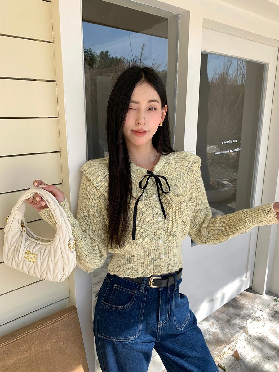 カーディガン レディース 長袖 リボン Vネック ニットセーター かわいい リボン付き ショート丈 長袖 韓国風  ファッション 服 春 秋 おしゃれ 学生 羽織り 秋カ zz123117531cb0