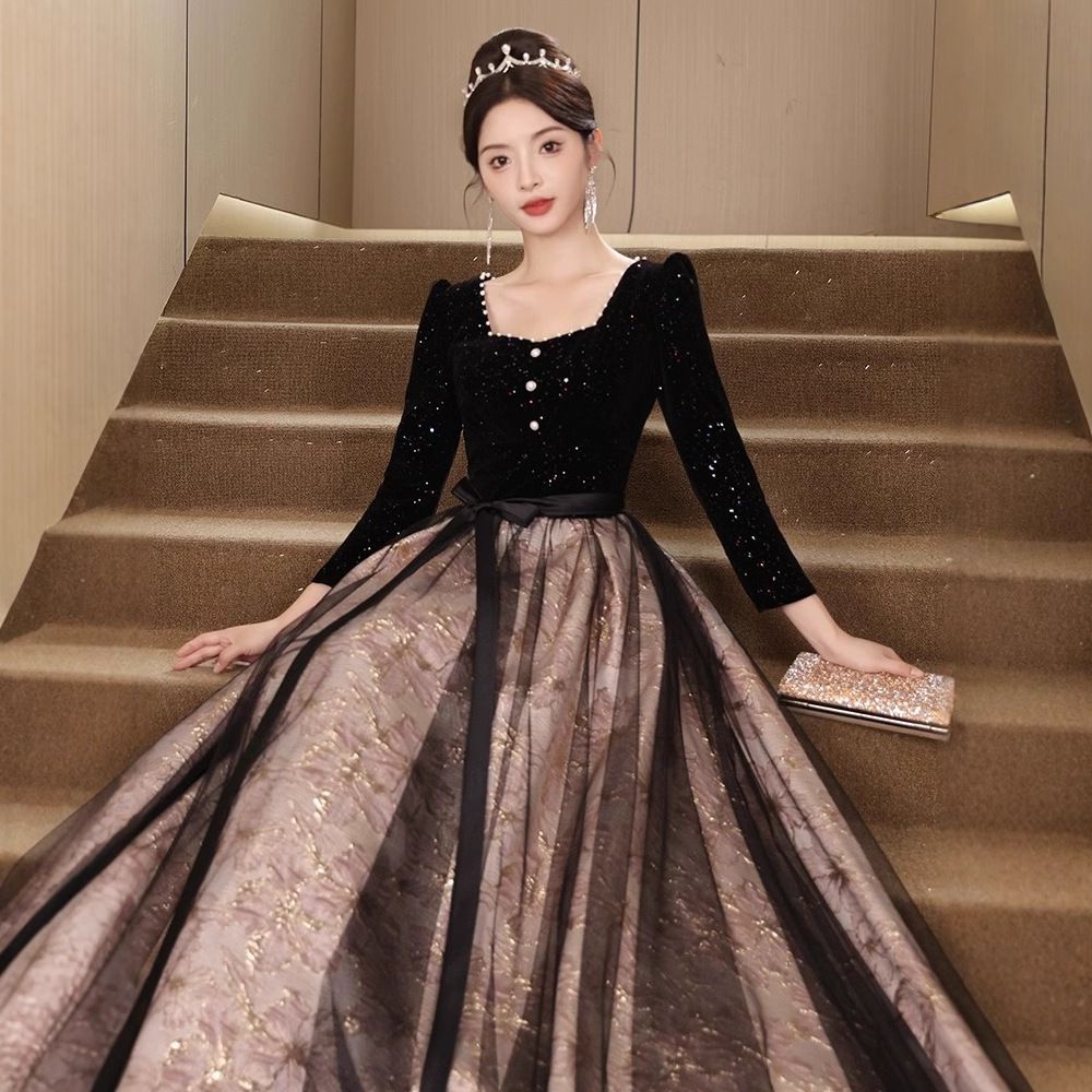 ふわふわの イブニングドレス パーティードレス ウェディングドレス 結婚式 披露宴 演奏会 キラキラ Aライン ロングスリーブ