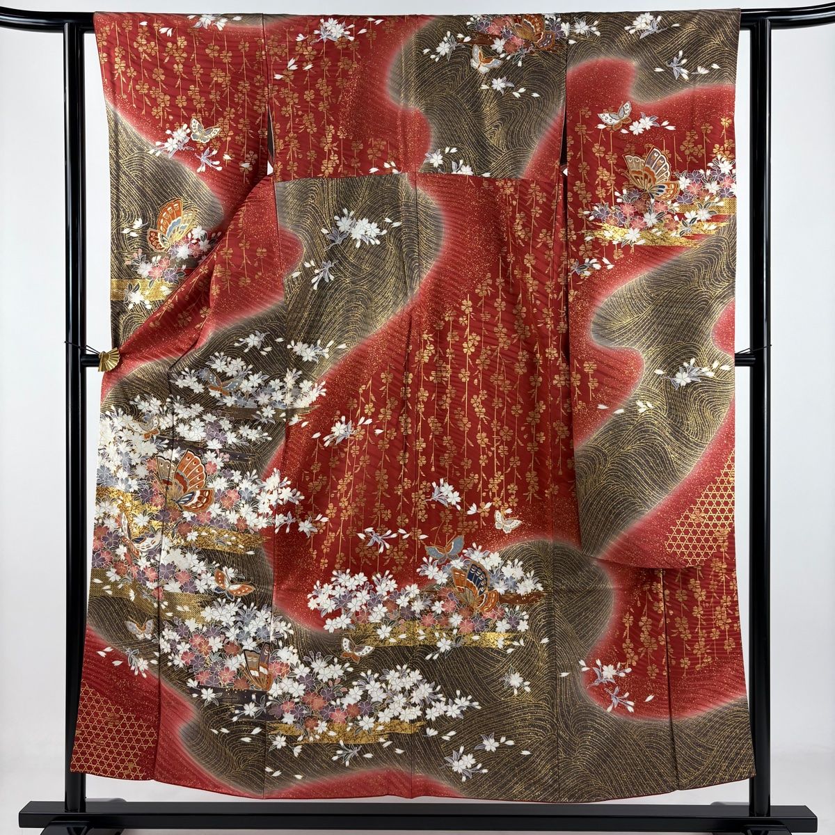 振袖 身丈154cm 裄丈60.5cm S 袷 蝶 桜 金糸 金彩 赤 正絹 秀品