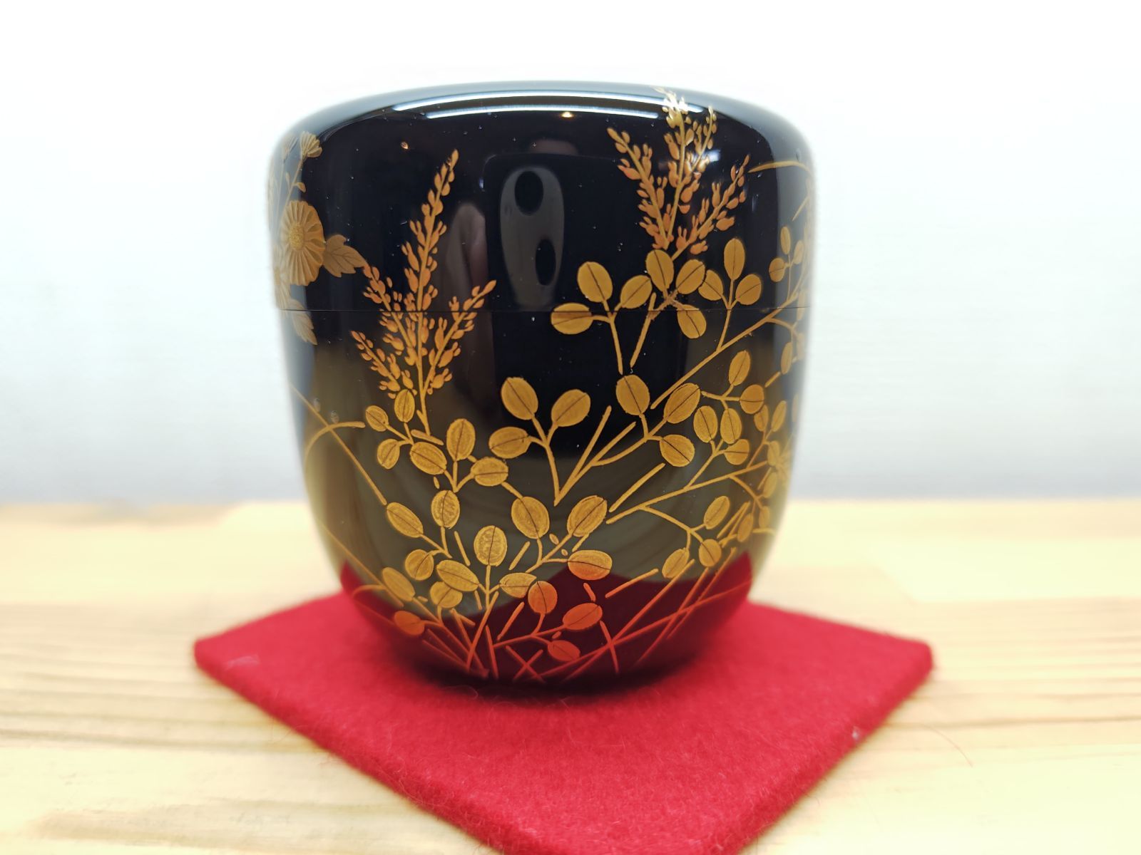 以降発送 逢絢亭 茶道具 中棗 山中塗 秋草に露蒔絵 真塗 木製 辻石斎 共箱入り