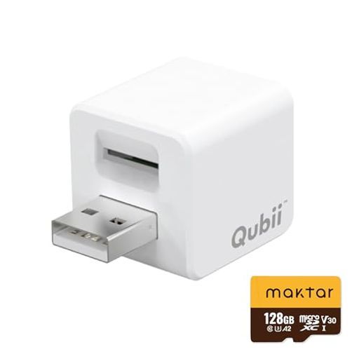 MaktarQubii microSD128GB付 充電しながら自動バックアップiphoneusbメモリipad容量不足解消写真動画音楽連絡先SNSデータ移行SDカードリーダー機種変更ホワイト