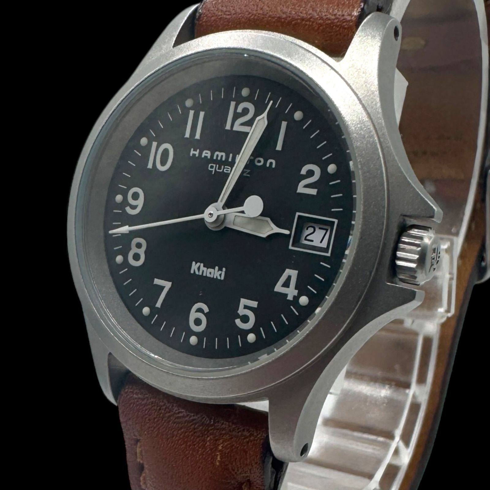 電池稼働品 HAMILTON ハミルトン Khaki カーキ レディース腕時計 クォーツ ブラック文字盤 3針 デイト 純正レザーベルト