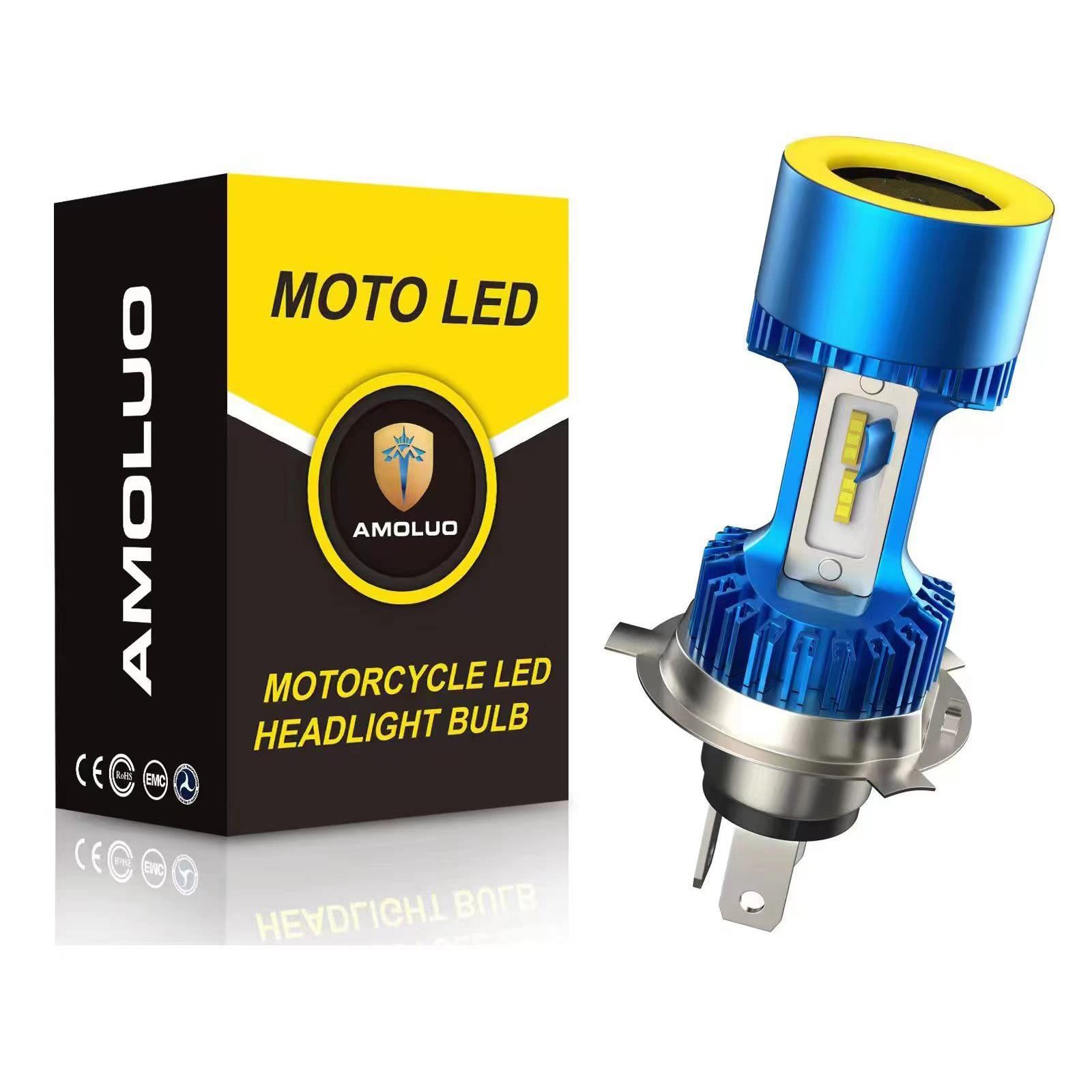 【業界初モデル正規品】AMOLUO HS1 H4バイクLED用ヘッドライト 4色の交換可能なLEDエンジェルアイ 25W新車検対 DC9-36V 青赤黄緑の4つの絞りを搭載 6000K 青1個入