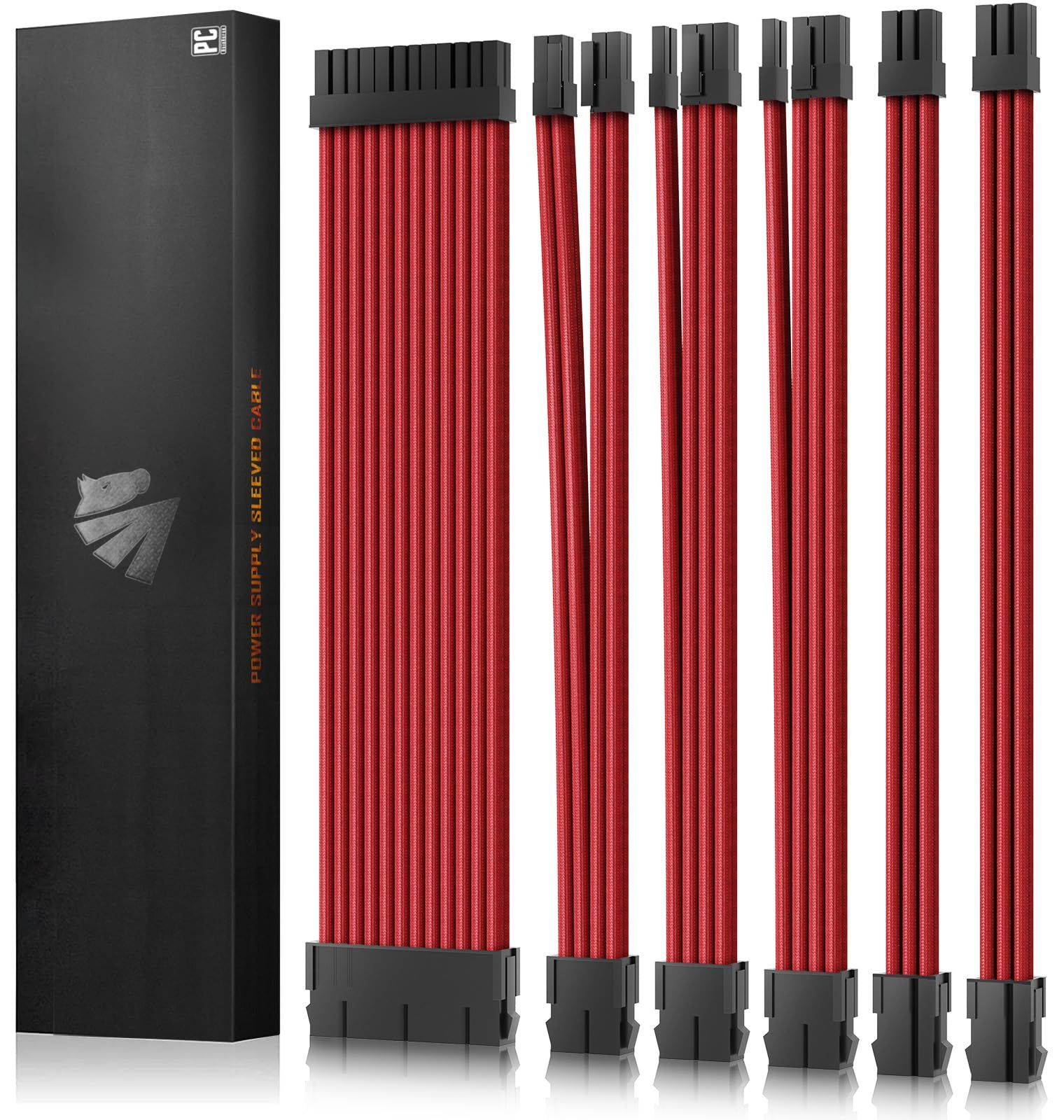 AsiaHorse 18AWG PC電源 延長ケーブル、GPU/CPU 用 PC スリーブケーブル キット、電源コンピュータ ケーブル延長ケーブル コーム付き、24PIN/(6+2)PIN/(4+4)PIN/6PIN ケーブル管理、30CM、赤