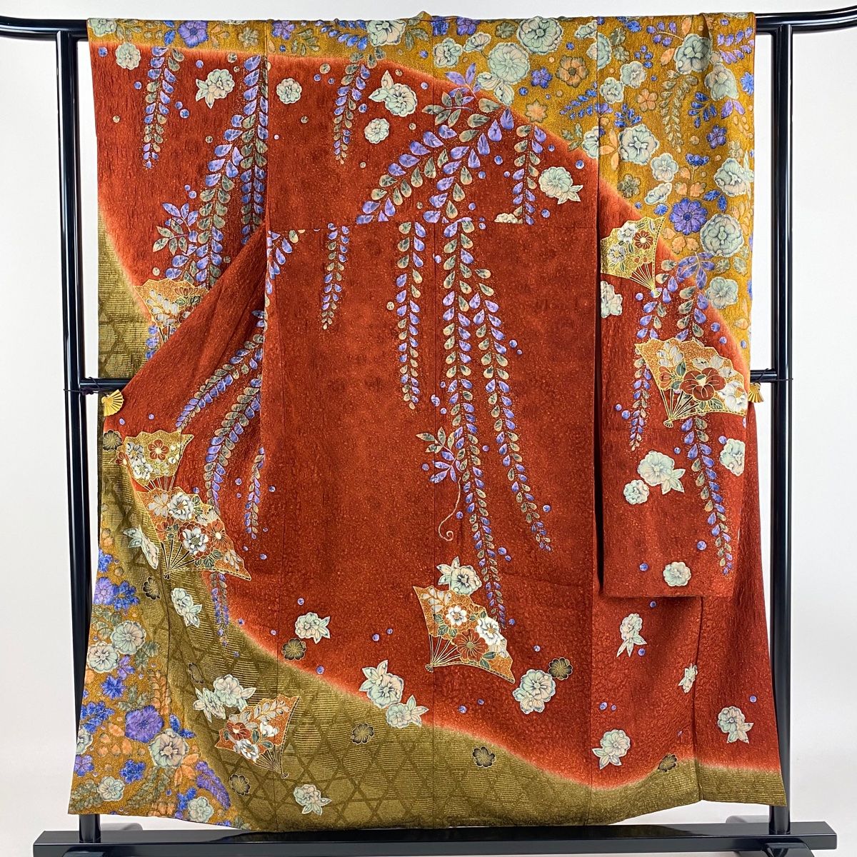 振袖 身丈155cm 裄丈62cm S 袷 扇 辻ヶ花柄 金彩 染め分け 茜色