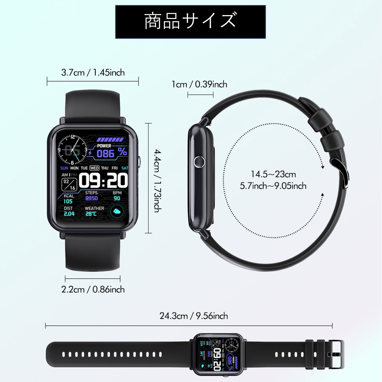 大容量340mAh スマートウォッチ 1.69インチ 大画面 パープル Bluetooth 
