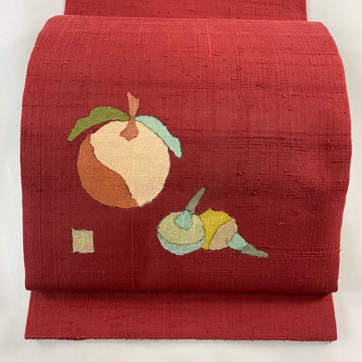 開き名古屋帯 秀品 落款 紬地 生り物 えんじ色 正絹