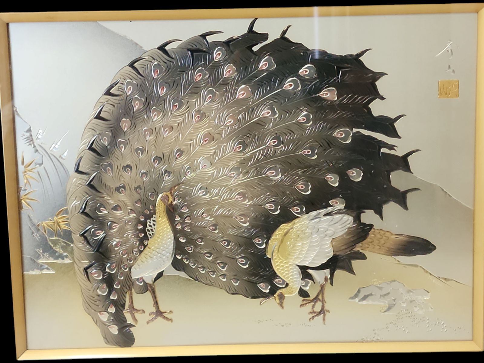 秀山作「夫婦孔雀図」金銀細工　彫金レリーフ 金銀細工 彫金 秀山 孔雀 夫婦孔雀図 レトロ アンティーク インテリア