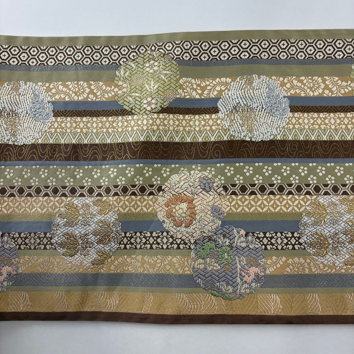 袋帯 美品 秀品 雪輪 縞 金糸 箔 薄茶色 六通 正絹 【中古