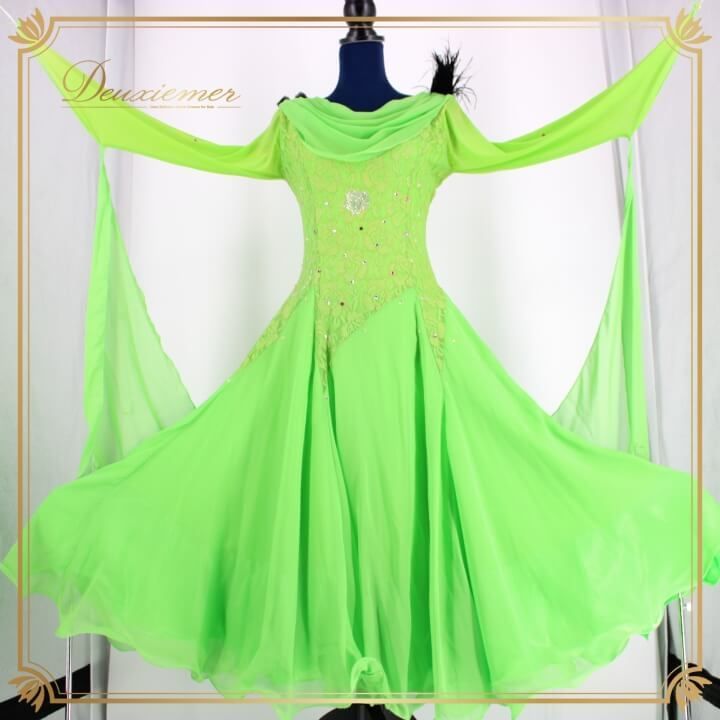 社交ダンス 衣装 スタンダード ドレス ワンピース レッスンウェア レディース オールシーズン prima boutique プリマブティック 黄緑 ライトグリーン系 フロート 花柄 レース ラインストーン フェミニン スポーツダンス おしゃれ