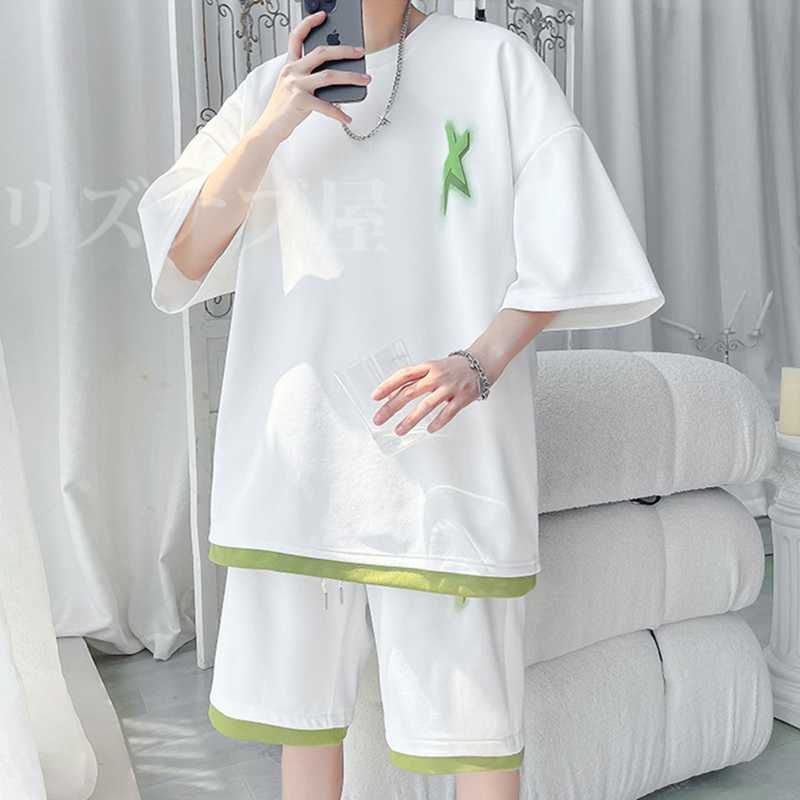 ジャージ メンズ 上下セット 夏服 tシャツ メンズ 半袖 ハーフパンツ セットアップ 夏 プリント カジュアル おしゃれ 重ね着風 MCTb157