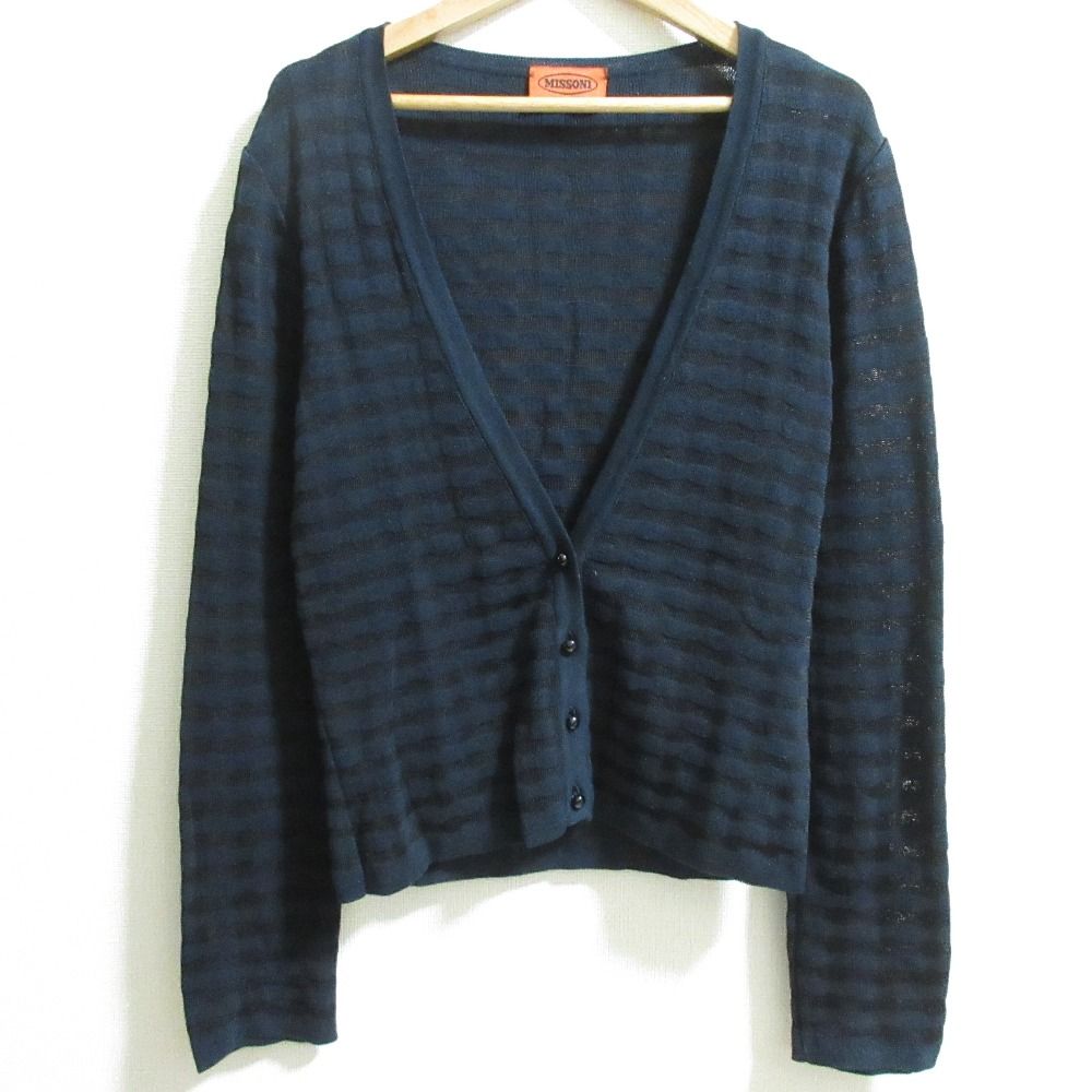 美品 MISSONI ミッソーニ ボーダー柄 長袖 Vネック ニットカーディガン サイズ42 ブラック×ネイビー レディース 古着 中古 美品 MISSONI ミッソーニ ボーダー柄 長袖 Vネック ニット