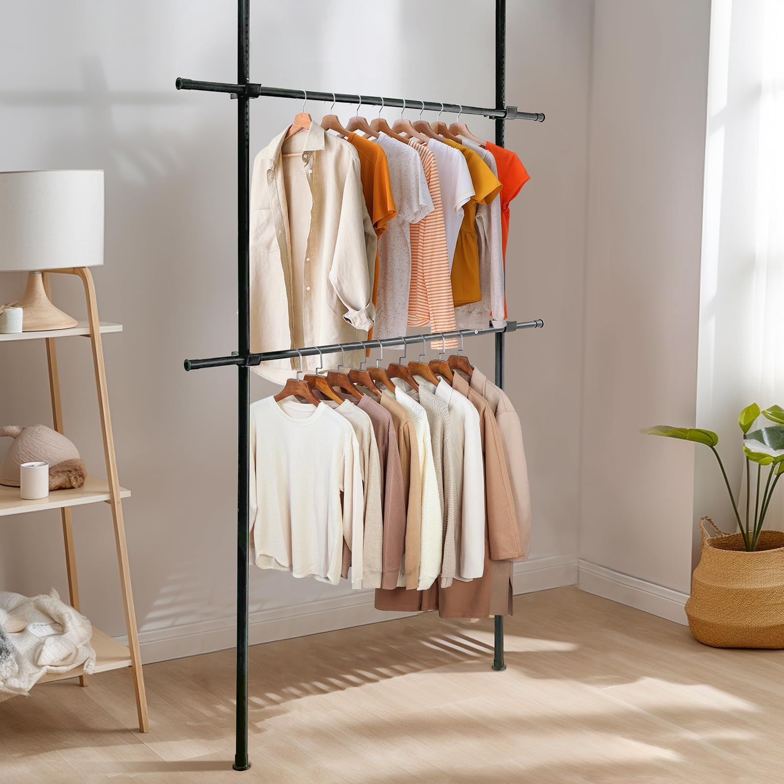 IMIEE ハンガーラック 突っ張り ツッパリハンガーラック 突っ張りハンガーラック 洋服ラック ハンガー ラック 服掛け 2段 縦横伸縮 頑丈 洗濯物干し 室内 スリム 部屋干し ラック 大容量 ワイドタイプ 衣類収納 省スペース 組立かんたん 工具不