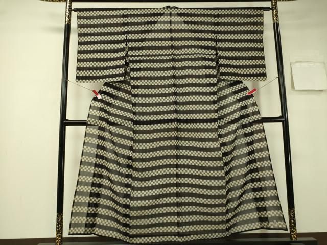 平和屋着物＊夏物 紗紬 市松横段文 正絹 逸品 CAAS8277vp