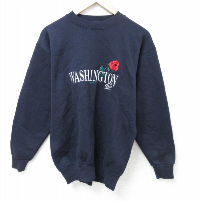 M/古着 長袖 スウェット メンズ 90s ワシントン 花 刺繍 クルーネック 黒 ブラック 25jan15 中古 スエット トレーナー トップス