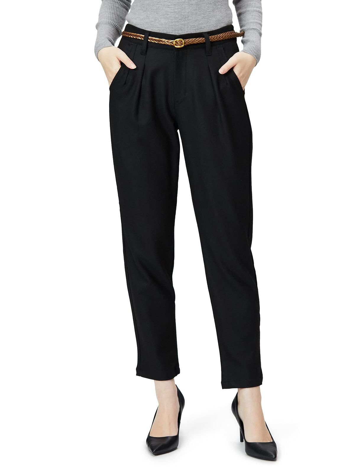 サムシング カジュアルパンツ ベルトつきTUCK TAPERED レディース BLACK S ブラック Free Size