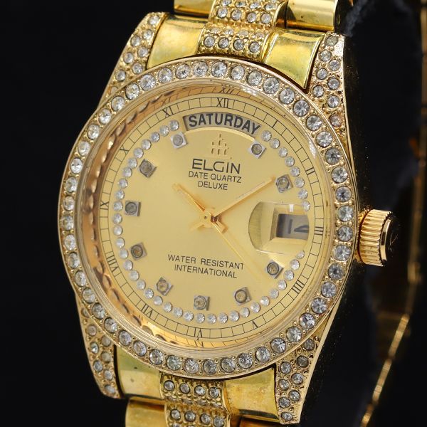 稼働 エルジン FK-642-A ストーンベゼル デイト QZ ゴールド文字盤