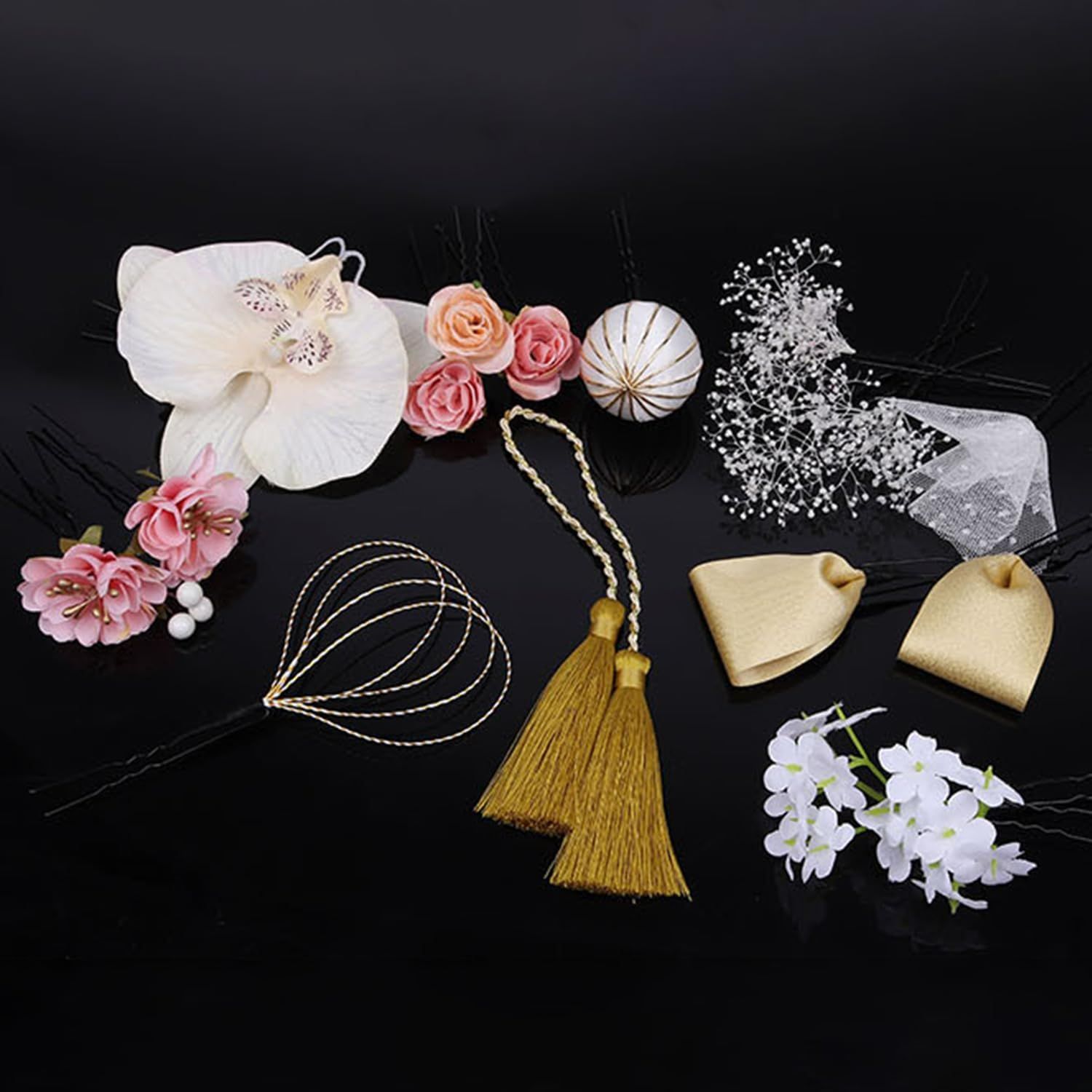 髪飾り 成人式 Shop] 卒業式 袴 和装 造花 結婚式 JOMA-E 組紐 水引 金箔 E-Shop] 人気 ロープ 髪飾り販売：成人式・卒業式に！大きいユリに紫の小花や水引をプラス