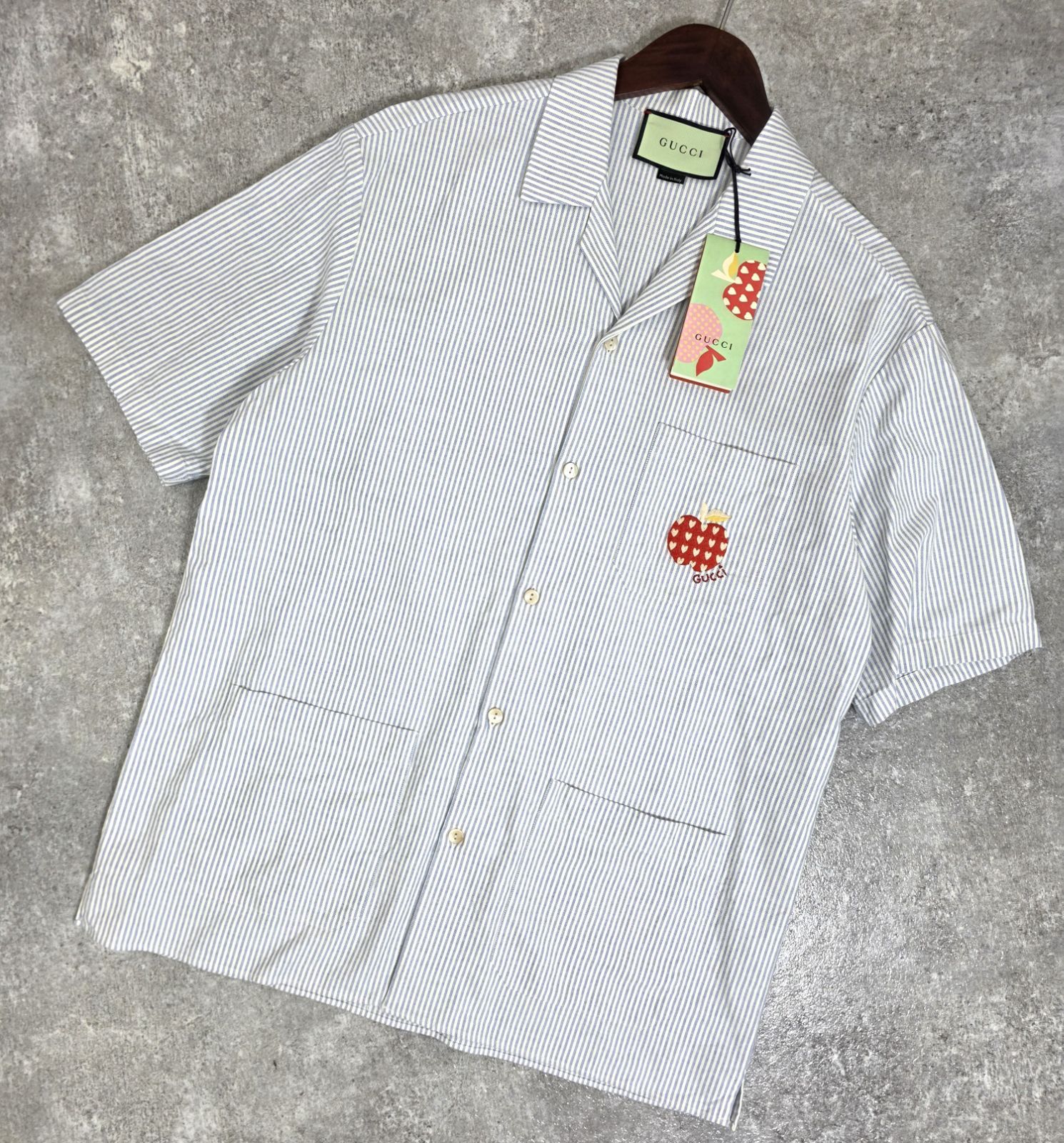 GUCCI グッチ ストライプ 半袖シャツ&ハーフパンツ リンゴ刺繍 美品 ☆ GUCCI グッチ21AW 半袖 ストライプ シャツ アップル リンゴ