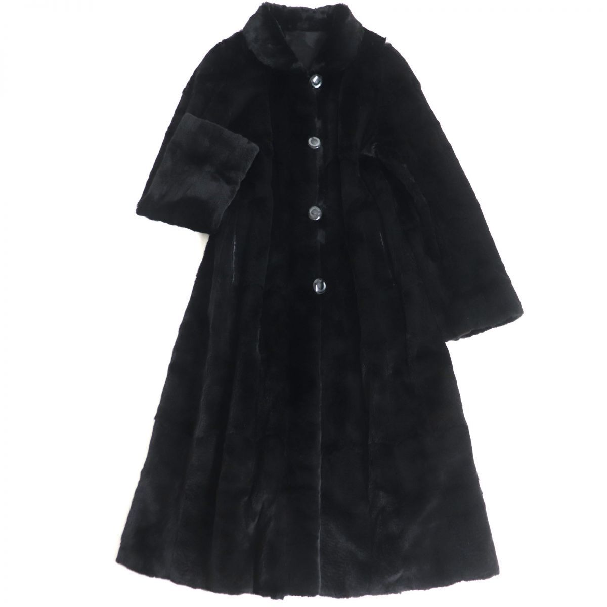 良品▼シェアードウィーゼル　本毛皮ロングコート　ブラック　毛質柔らか◎