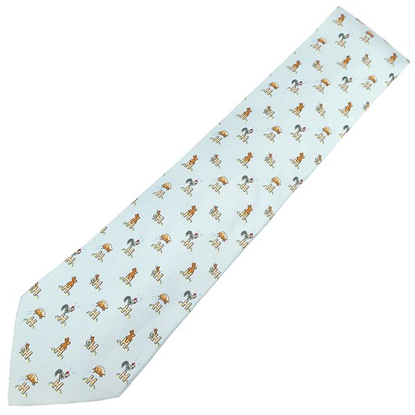 エルメス HERMES ネクタイ アニマル柄 9cm シルク ライトブルー×マルチ