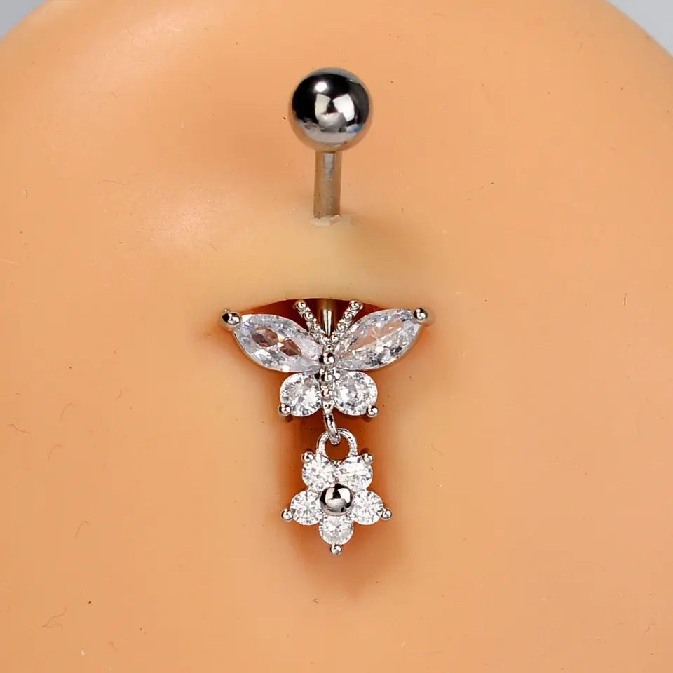 224：へそピアス 14G バタフライ 蝶 ジルコン 花 フラワー