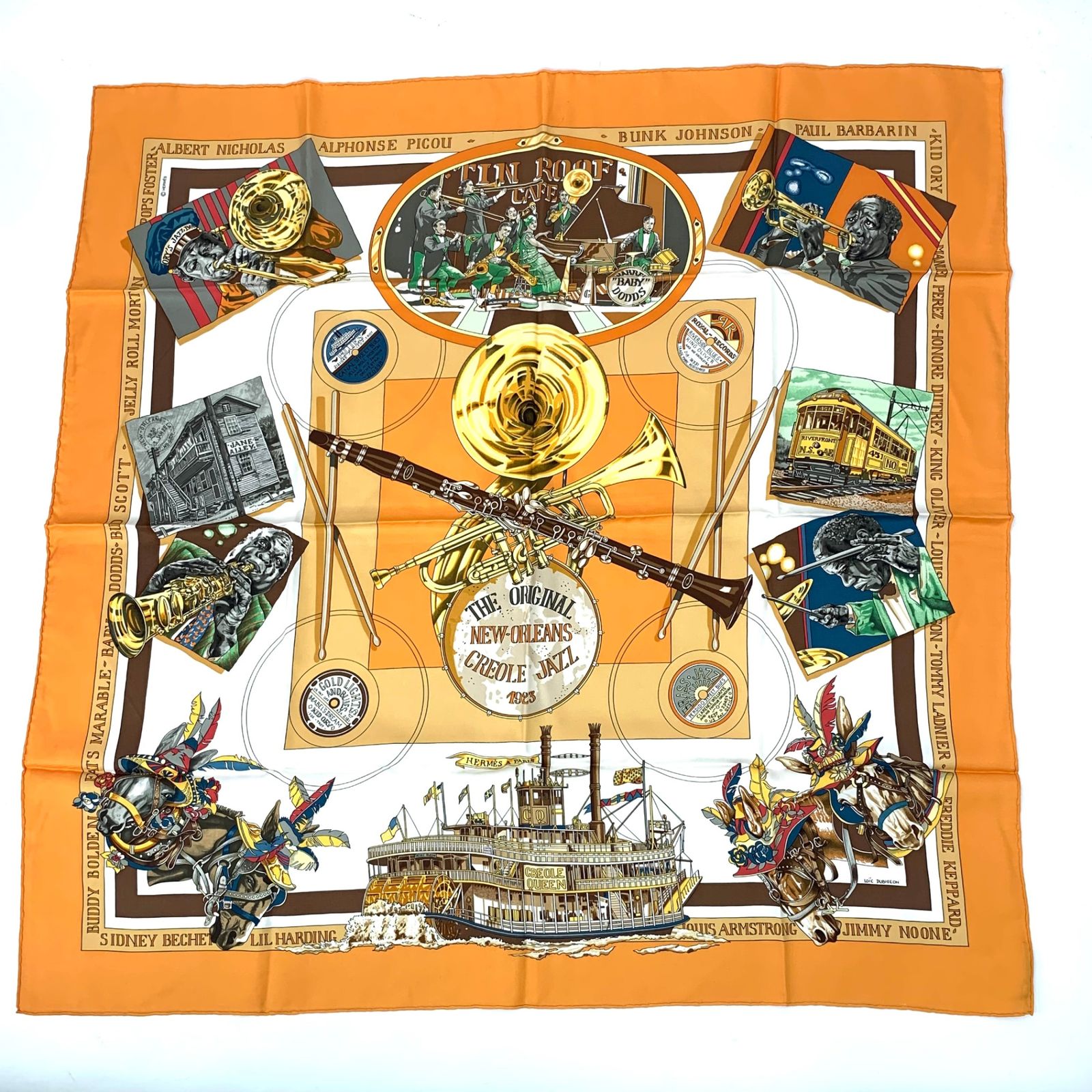 HERMES エルメス カレ90 THE ORIGINAL NEW ORLEANS CREOLE JAZZ ニューオリンズ スカーフ シルク オレンジ