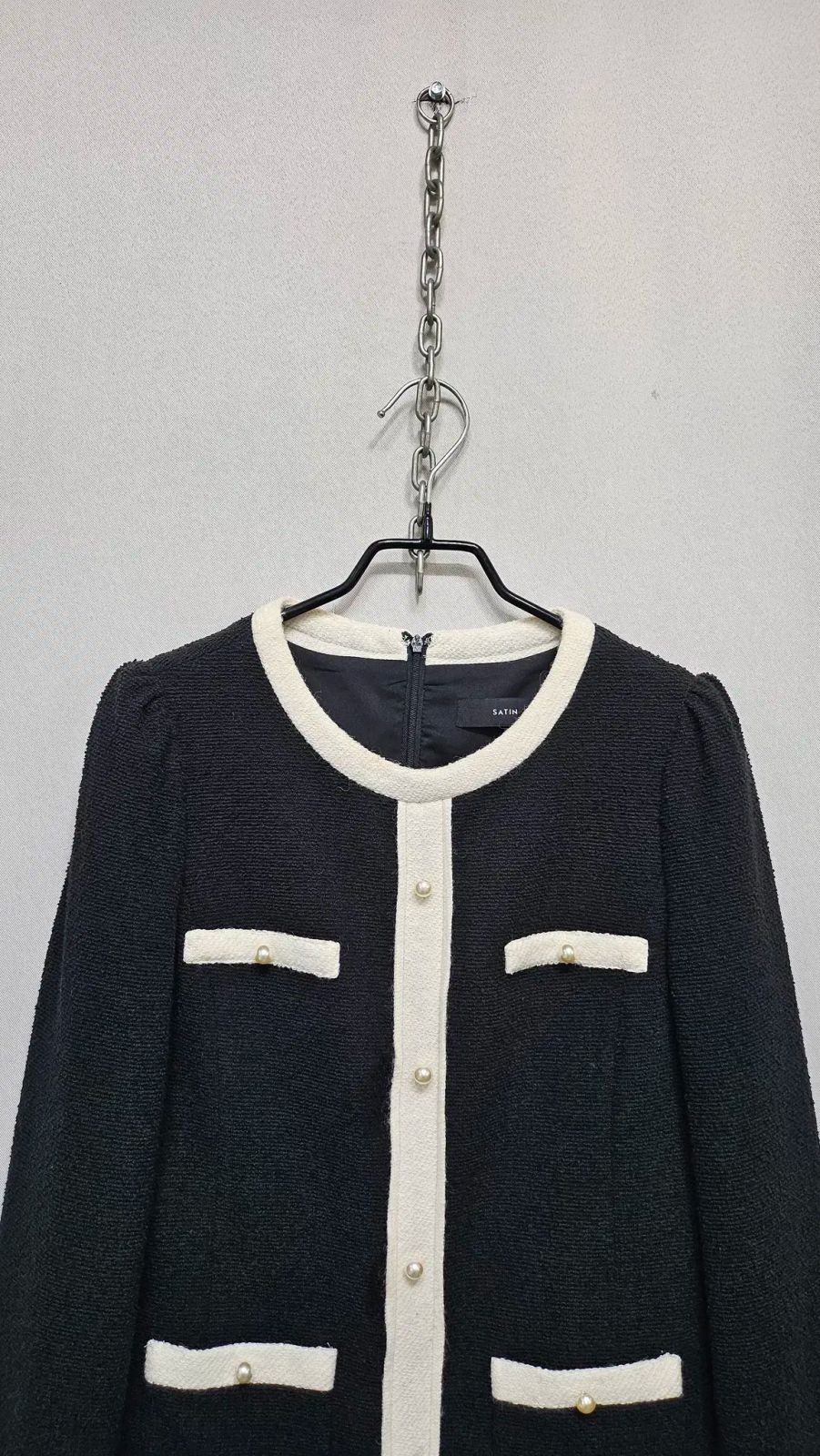 サテンツイード ミニワンピース ブラック- 뒷ジッパー