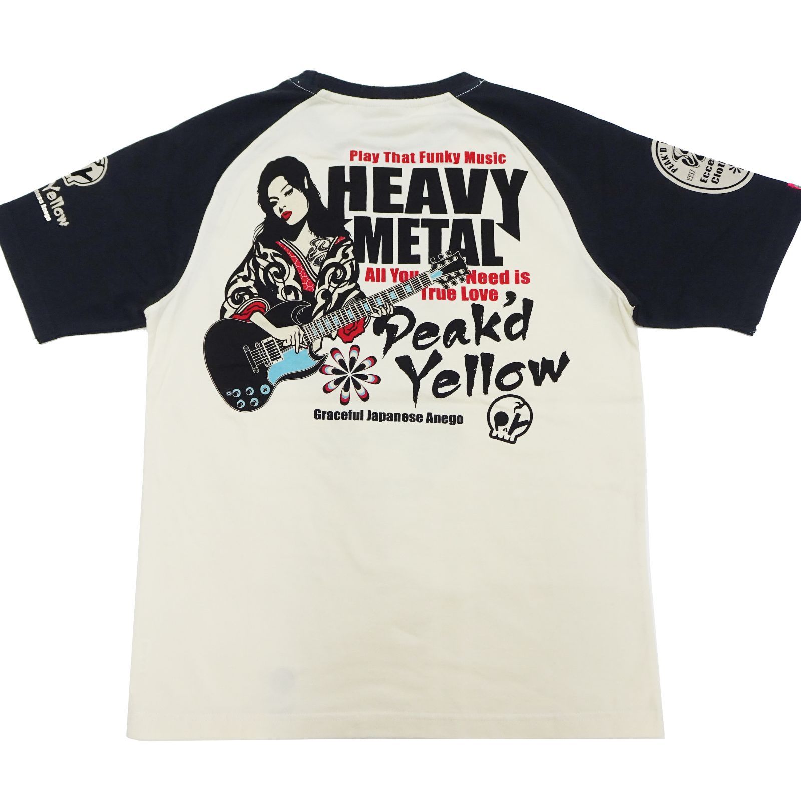 PYT-241 ピークドイエロー 半袖Tシャツ Peakd Yellow ヘビメタ ギター姉御 Tシャツ エフ商会 オフ×黒 新品 アメカジショップ