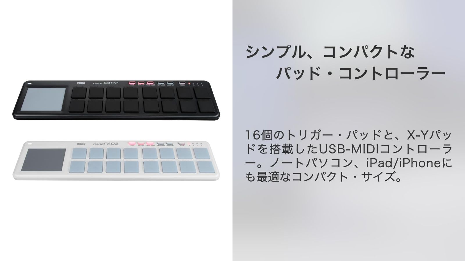 KORG 定番 USB MIDIコントローラー nanoPAD2 BK ブラック ベロシティ対応 16パッド 音楽制作 DTM コンパクト設計で持ち運びに最適 すぐに始められるソフトウェアライセンス込み [ブラック] [パッド]