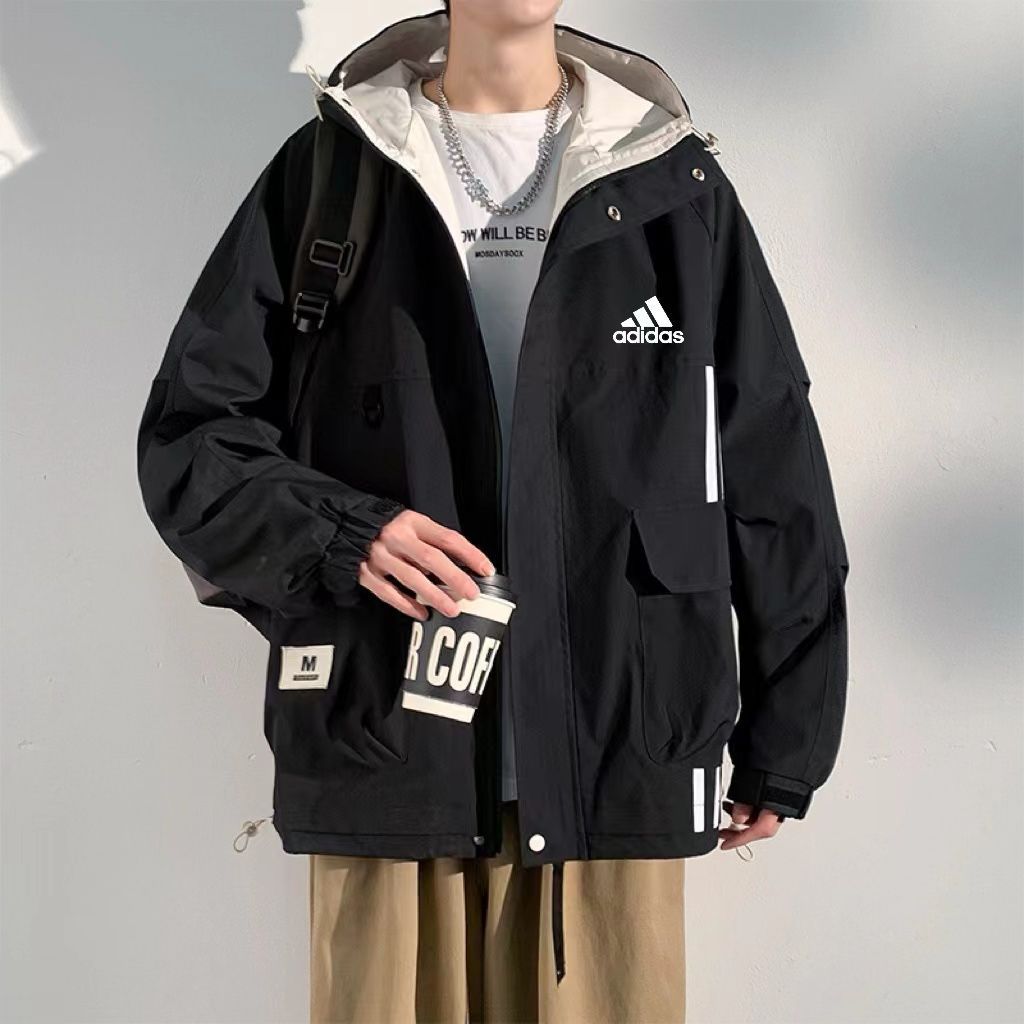 アディダス Adidas 春と秋の新モデルのレジャージャケット 男性用 どんなものにもマッチする通気性のあるアウタージャケット アメリカンスタイルのフード付きで あふれる レラックスフィットのライダージャケット -WTO輸入1