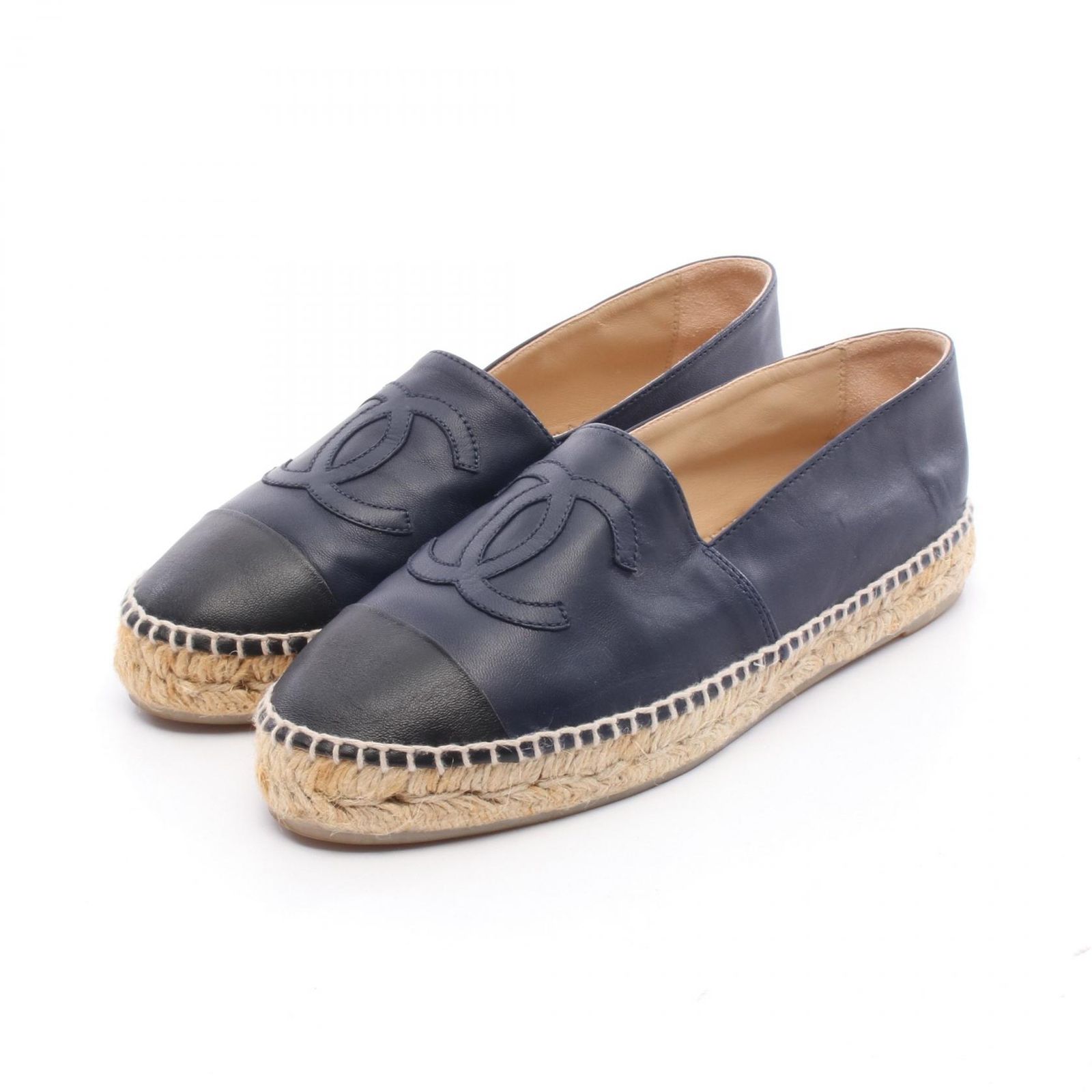 シャネル CHANEL ココマーク ネイビー レザー ココマーク エスパドリーユ スリッポン レザー ネイビー G2976 レディース Used A