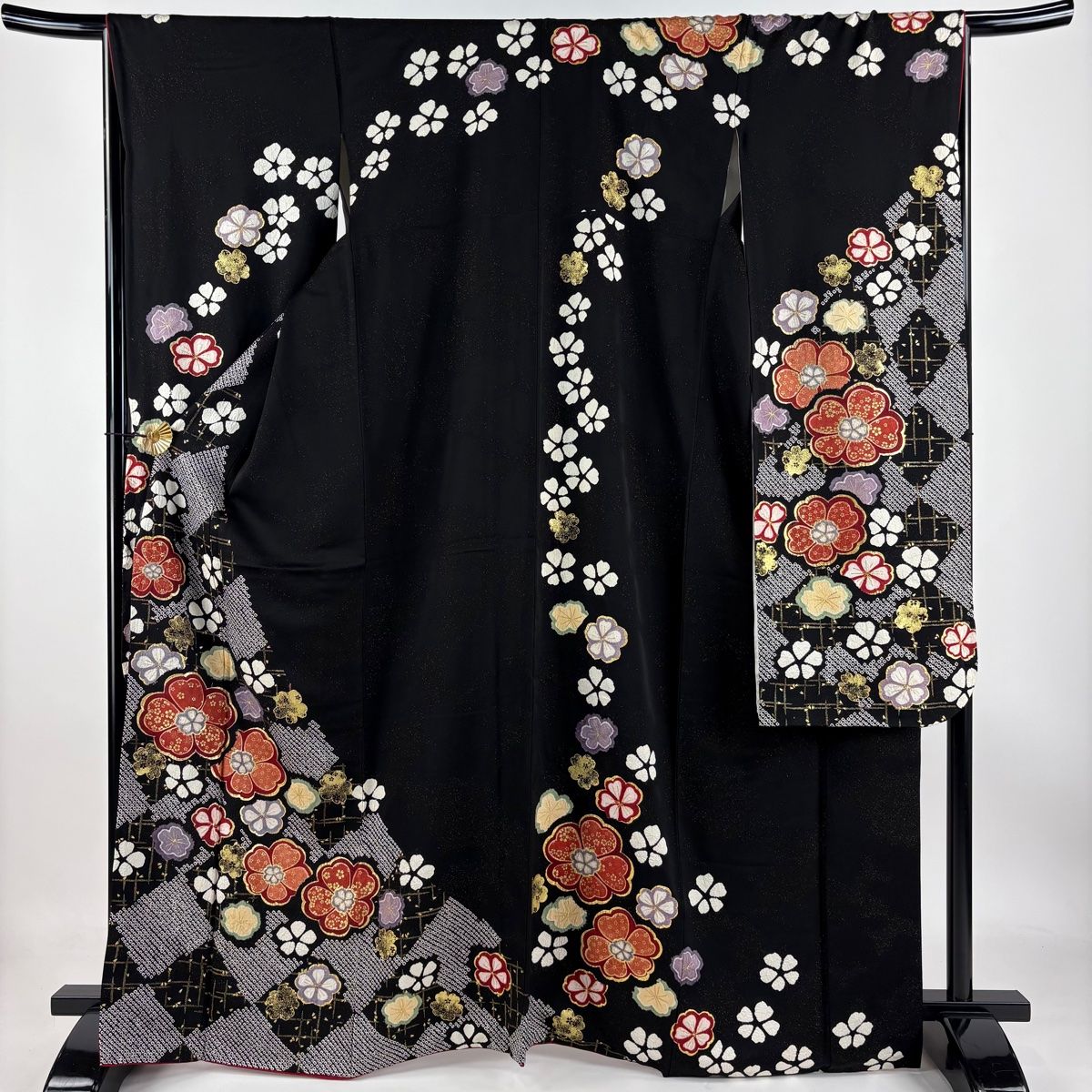 振袖 身丈166.5cm 裄丈67.5cm L 袷 花 桜の花びら 金彩 絞り 黒 正絹