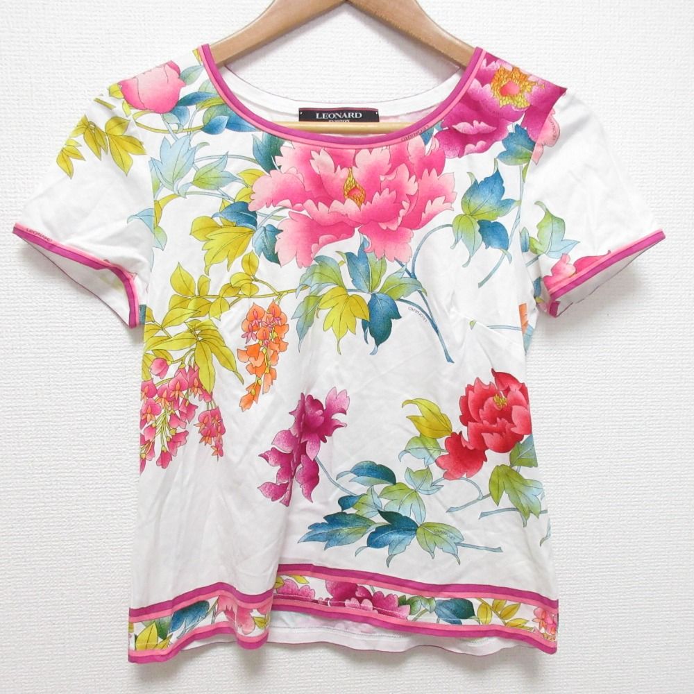 LEONARD レオナール フラワープリント 半袖 カットソー サイズS ホワイト ピンク レディース 古着