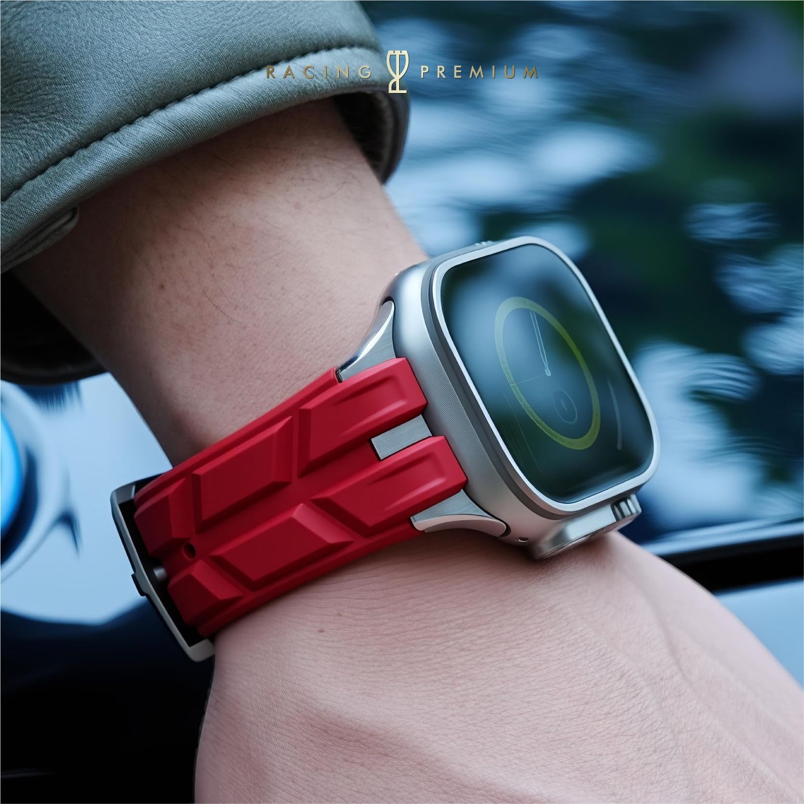 RACINGPREMIUM AppleWatch Ultra1 2 S10 S9 S8 S7 S6 S5 SEシリーズ対応 ベルギー発デザイン ラグジュアリーレベルフッ素ゴム交換用バンド ステンレス鋼＆チタン合金コネクター バックル アップルウォッチ BRIGHTFACE_UK