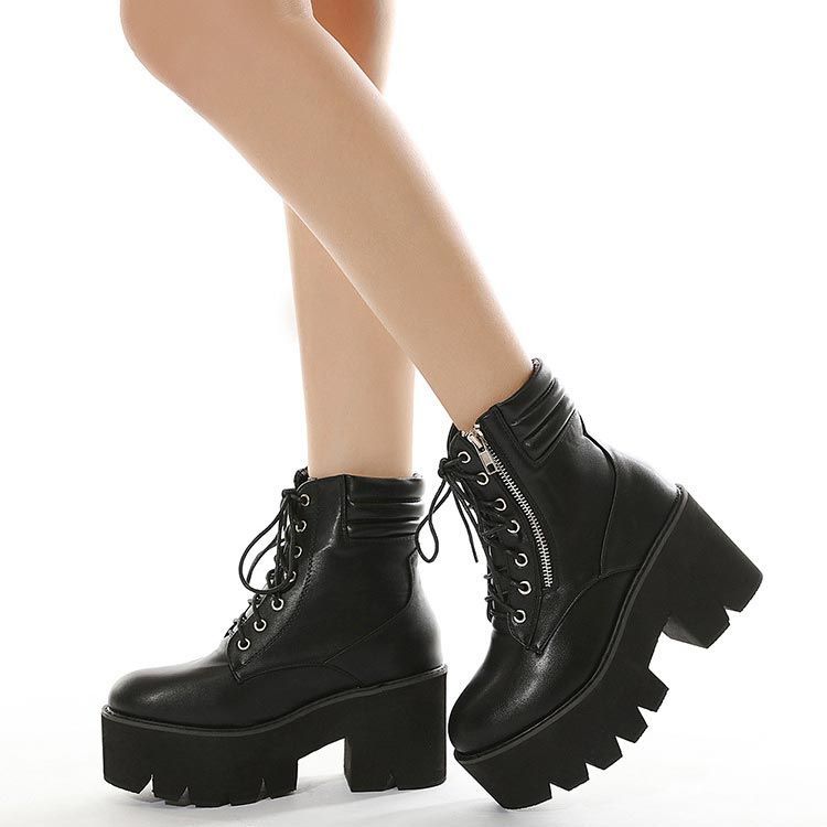 レディース レースアップブーツ 厚底 7ホール ミドルブーツ 編み上げ