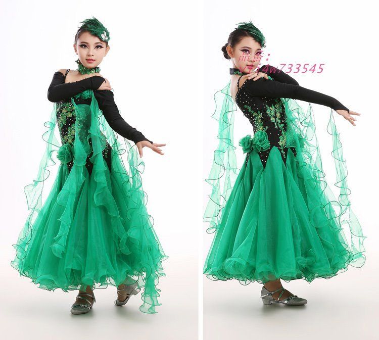 社交ダンスドレス ワンピース キッズ用 ドレス ジュニア用 社交ダンスワンピース M-2XL 競技着 演出服 グリーン ローズ セット vii4w733545 LLC-HASEGAWATOSO_COM