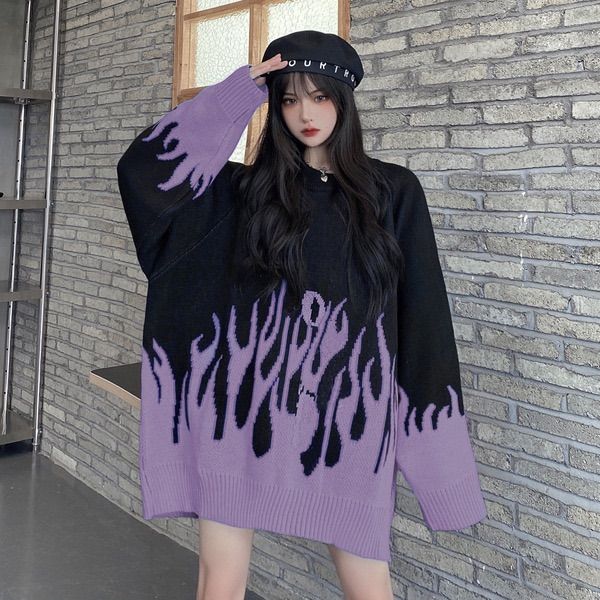 ファイヤー ニット セーター 韓国 オーバーサイズ ユニセックス パープル 秋服 冬服 長袖 炎 ファイヤー ニット セーター ロック 個性的 原宿系