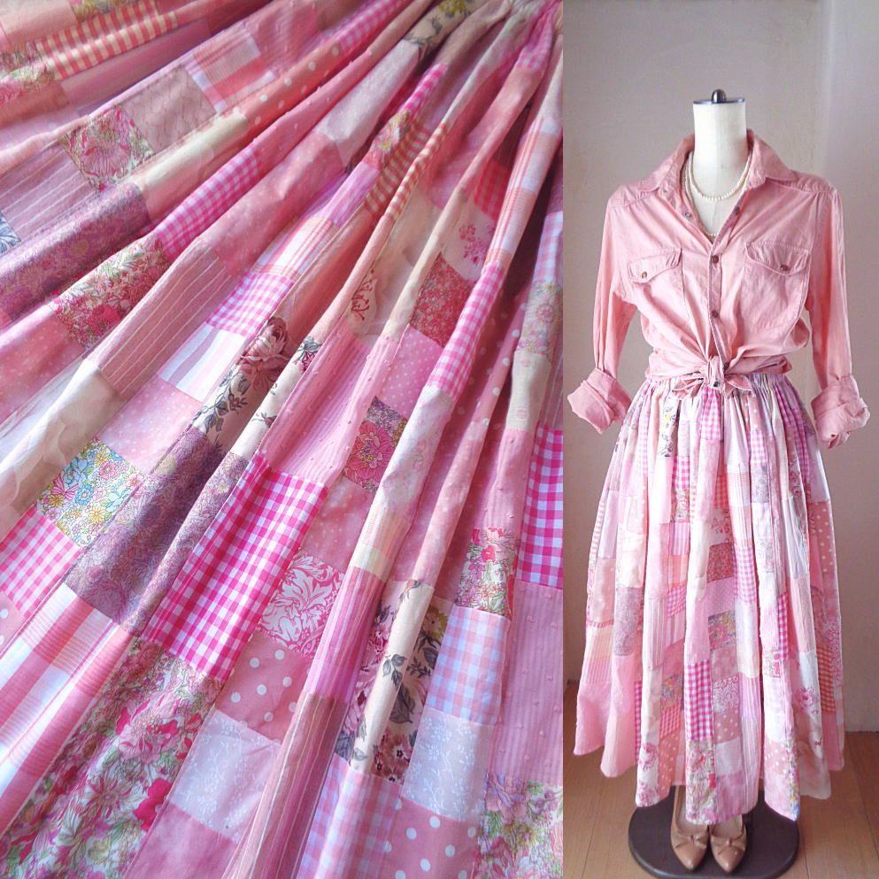 【新作入荷!!】 小柄さん♥83㎝丈♥絵画なパッチワーク♥pink♥ボリューム スカート