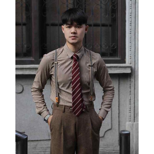 メンズ ファッション 服 用 オシャレ シンプル 大人 かっこいい 大きいサイズ ストリート 紳士服 レトロ ポインテッド ブラウン スリム 長袖 シワ防止 アメリカン ストライプ シャツ