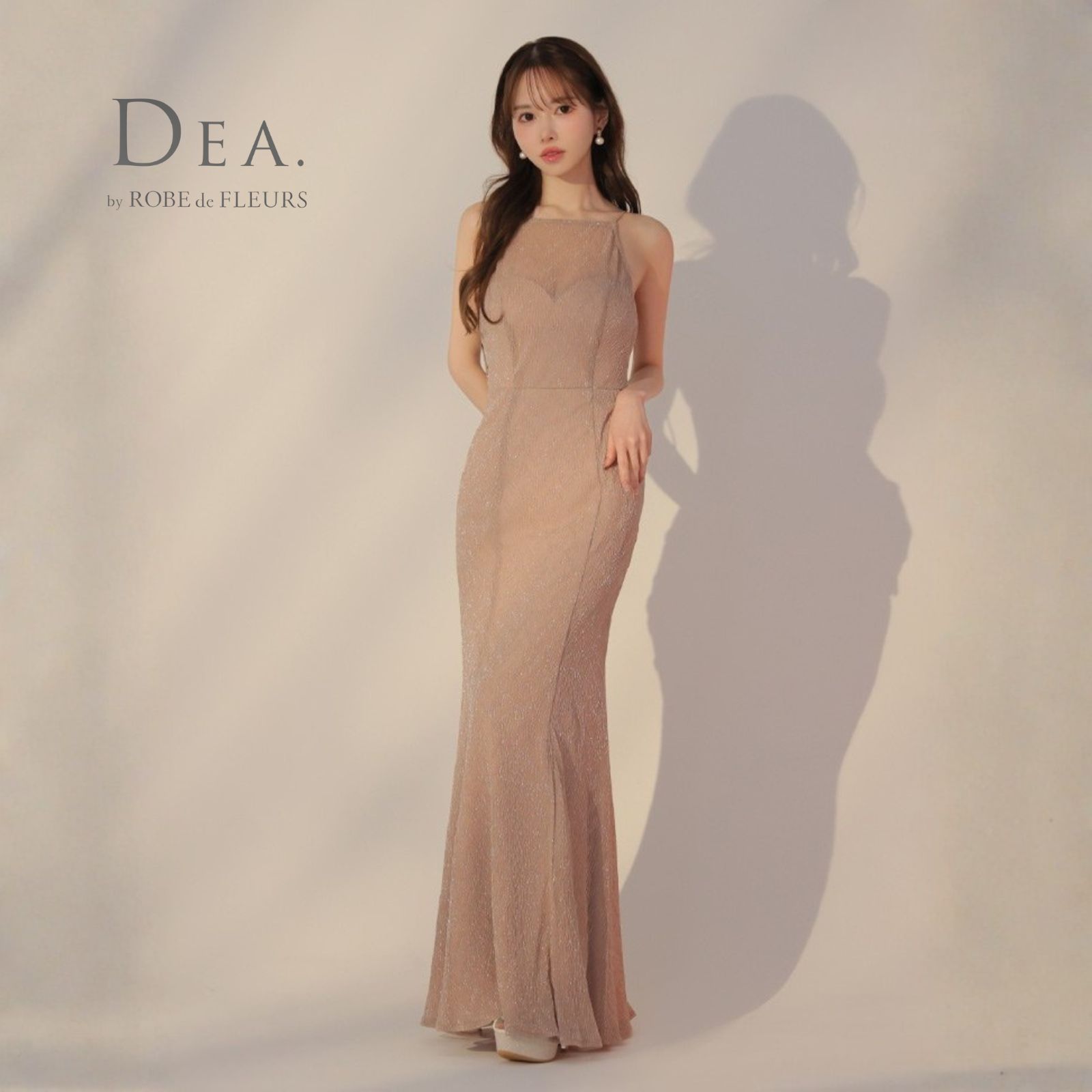 DEA. by ROBE de FLEURS ディアバイローブドフルール ロングドレス DE3383 ラメニットストレッチキャミロングキャバドレス Pink Beige