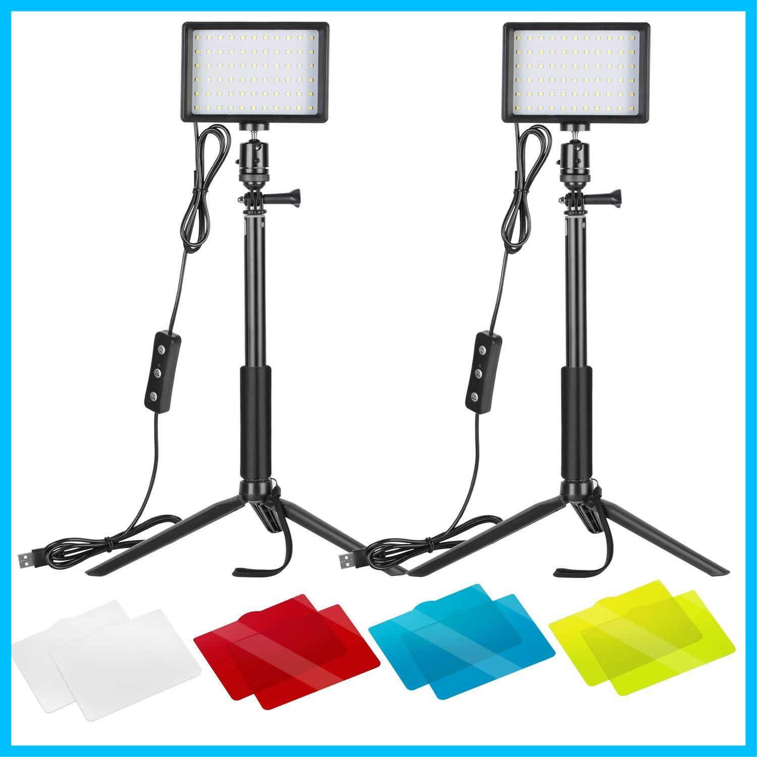 【新着商品】NEEWER 2パック LEDビデオライト 撮影用 卓上小型 調光可能5600K USB照明 カラーフィルターと三脚スタンド付き  ローアングル撮影/生放送/ズーム/ビデオ会議照明/YouTube撮影に適用