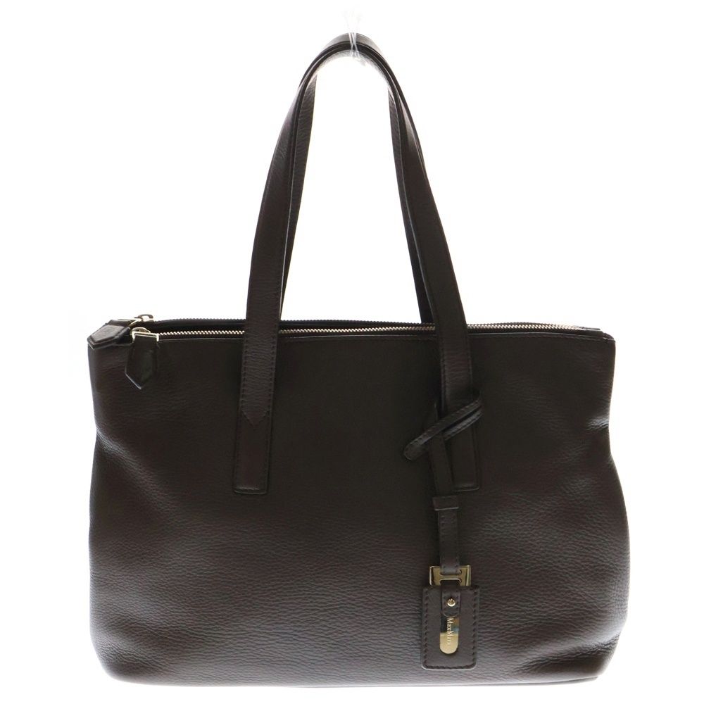 Max Mara マックスマーラ ロゴストラップ付 レザー ミニボストン ハンドバッグ ブラウン