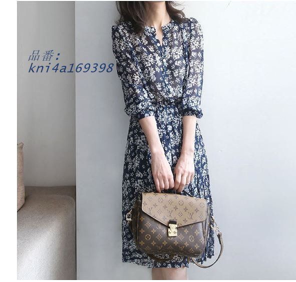 プリントワンピース プリーツギャザー シフォンポリ長袖 七分袖 ひざ下丈 クリックポストで発送可 女子会 20代30代40代50代 ほっそり効果大 kni4a169398