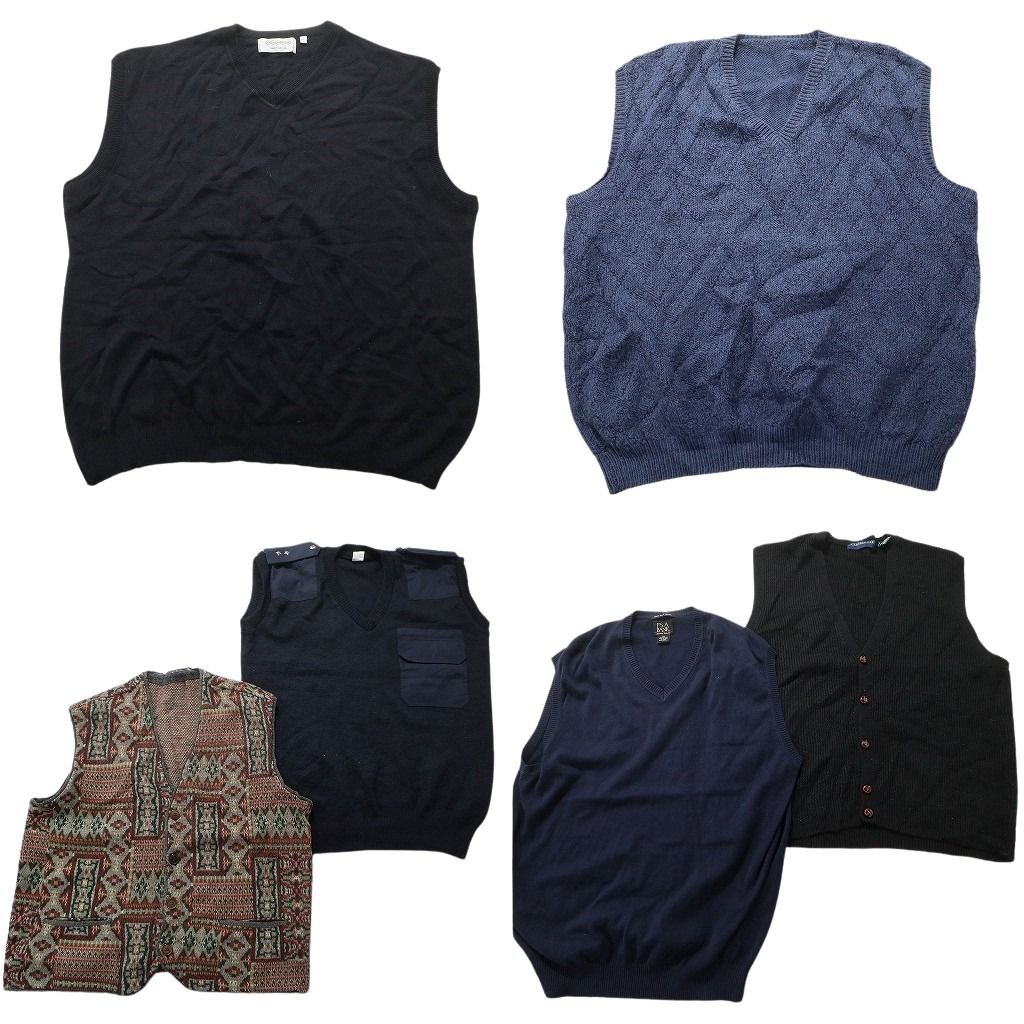 古着卸 まとめ売り ベスト セーター 6枚セット (メンズ XL /2XL ) カラー デザイン系 柄ニット Ｖネック 無地 フロントボタン MX0427
